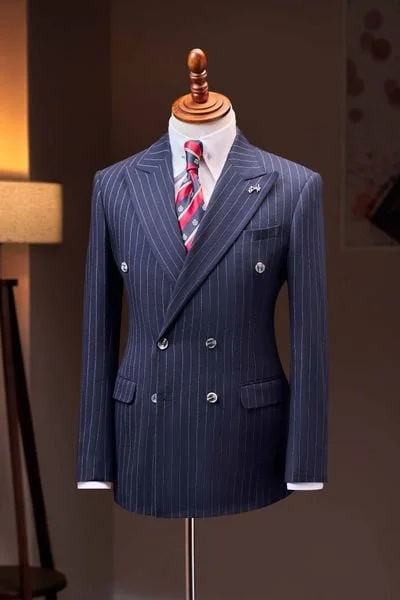 Áo vest xanh sọc trắng cổ ve nhọn 2 hàng khuy - AV375CQ