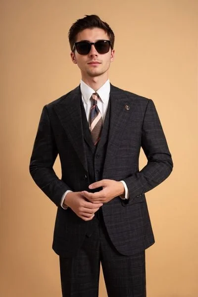 Áo vest xanh kẻ xước cổ ve nhọn 1 hàng khuy - AV357